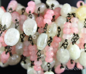 Moonstone & Pink Chalcedony Faceted Wire wrapped Rosary, (RS-MIX-16) - Beadspoint