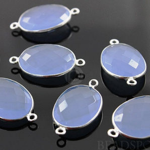 Light Blue Chalcedony Faceted Oval Bezel Connector, (SSBZC2016) - Beadspoint