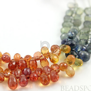 Natural AAA Quality Sapphire Gemstone Multi Color Faceted Briolettes, 3x5 to 4x6mm Orange, Green, Blue, Yellow, 1 Strand,  (SPH3x5TEAR(MU) - Beadspoint