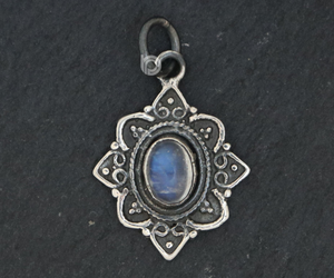 Sterling Silver Mandala Charm w/ Rainbow Moonstone -- (AF-149) - Beadspoint