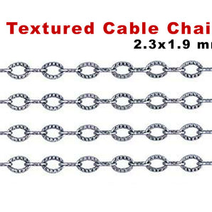 Sterling Silver Textured Pattern Cable Chain, 2.3x1.9 mm Links, (SS-36)