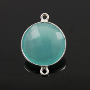 Aqua Chalcedony Faceted Coin Shape Bezel Connector, (SSBZC7256) - Beadspoint