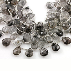 Black Rutilated Quartz Medium Faceted Pear Drops, (BRUT9x12PEAR) - Beadspoint