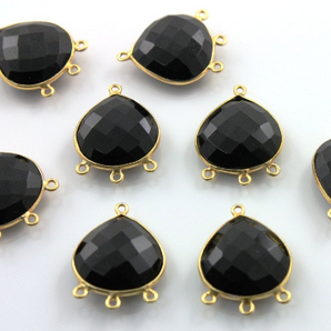 Black Onyx Faceted Heart Bezel Connector w/ 3 Rings, (BZC9013) - Beadspoint