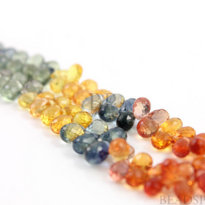 Natural AAA Quality Sapphire Gemstone Multi Color Faceted Briolettes, 3x5 to 4x6mm Orange, Green, Blue, Yellow, 1 Strand,  (SPH3x5TEAR(MU) - Beadspoint