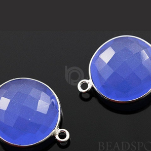 Blue Chalcedony Faceted Puff Coin Bezel Connector, (SSBZC7225) - Beadspoint