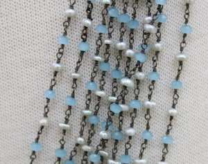 Pearl with Aqua Chalcedony Wire Wrapped Rosary,(RS-PRAQ-97) - Beadspoint