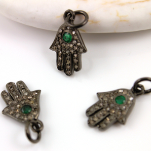 Pave Diamond  Hamsa Charm with Emerald (DCH-112) - Beadspoint