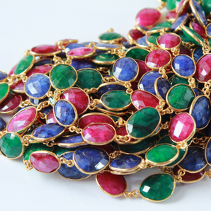 Ruby-Emerald-Sapphire Faceted Oval Chain,(GMC-MX-17x14) - Beadspoint