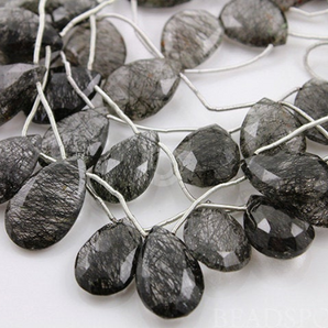 Black Rutilated Quartz Faceted Pear Drops, (BRUT12x20PEAR) - Beadspoint