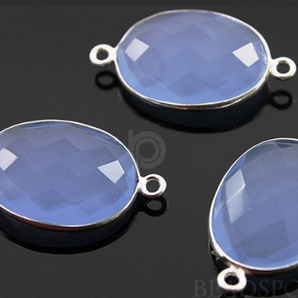 Light Blue Chalcedony Faceted Oval Bezel Connector, (SSBZC2016) - Beadspoint