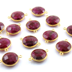 Dyed Ruby Faceted Coin Shape Bezel Connector, (BZC7273/RBY) - Beadspoint