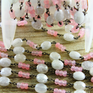 Moonstone & Pink Chalcedony Faceted Wire wrapped Rosary, (RS-MIX-16) - Beadspoint