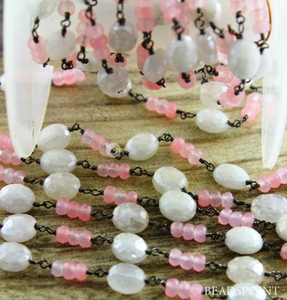 Moonstone & Pink Chalcedony Faceted Wire wrapped Rosary, (RS-MIX-16) - Beadspoint