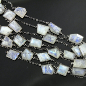 Rainbow Moonstone Faceted Fancy Cut Bezel Chain, (BC-RNB-141) - Beadspoint