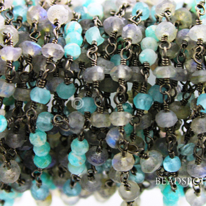 Labradorite & Amazonite Faceted Wire Wrapped Rosary, (RS-MIX-15) - Beadspoint