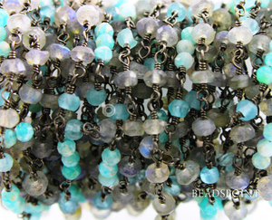 Labradorite & Amazonite Faceted Wire Wrapped Rosary, (RS-MIX-15) - Beadspoint