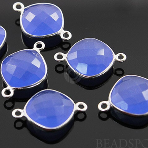 Blue Chalcedony Faceted Cushion Shape Bezel Connector, (SSBZC7514) - Beadspoint