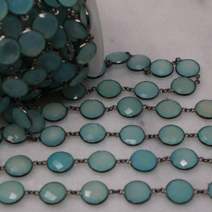 Aqua Chalcedony Faceted Bezel Coin Chain, (BC-ACH-02) - Beadspoint