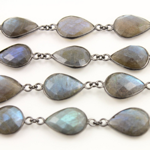 Labradorite Pear Bezel Sterling Silver Chain with Antique finish, 11x9 mm, (GMC-BZ-328) - Beadspoint