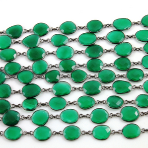 Green Onyx Faceted Puff Cushion Bezel Chain, (BC-GNX-75) - Beadspoint