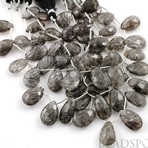 Black Rutilated Quartz Medium Faceted Pear Drops, (4BRUT10x13PEAR) - Beadspoint