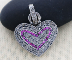 Pave Diamond & Ruby Heart Charm, (DC-7074) - Beadspoint