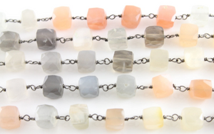 Moonstone (Peach, Grey, Rainbow) Faceted Cube Rosary, (RS-MNS-156) - Beadspoint