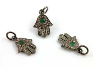 Pave Diamond  Hamsa Charm with Emerald (DCH-112) - Beadspoint