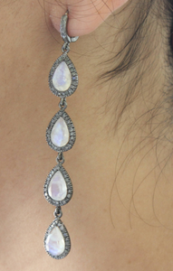 Pave Diamond Earrings, Pave Diamond and Rainbow Moonstone Earrings, Diamond Rainbow Moonstone Earrings, Rainbow Moonstone Earrings,(DER-119) - Beadspoint