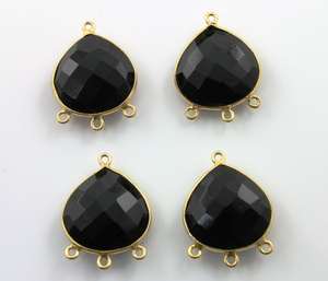 Black Onyx Faceted Heart Bezel Connector w/ 3 Rings, (BZC9013) - Beadspoint