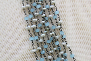 Pearl with Aqua Chalcedony Wire Wrapped Rosary,(RS-PRAQ-97) - Beadspoint