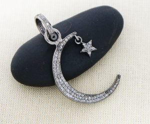 Pave Diamond Crescent Moon and Star Charm (DC-7086) - Beadspoint