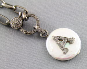 Pave Diamond Custom Initials charm on coin pearl, (DIN-002) - Beadspoint