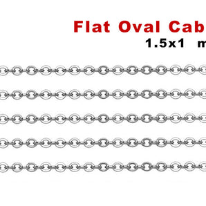 Sterling Silver Fine Flat Oval Cable Chain, 1.5x1 mm Links, (SS-006)