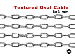 Sterling Silver Oxidized Textured Pattern Oval Cable Chain, 6x3 mm, (SS-066A)