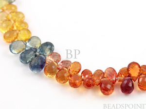 Natural AAA Quality Sapphire Gemstone Multi Color Faceted Briolettes, 3x5 to 4x6mm Orange, Green, Blue, Yellow, 1 Strand,  (SPH3x5TEAR(MU) - Beadspoint