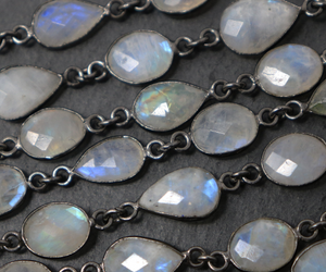 Rainbow Moonstone Faceted Oval and Pear Bezel Chain, (BC-RNB-143) - Beadspoint