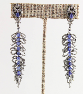 Pave Diamond & Sapphire Feather Earrings, (DER-099) - Beadspoint