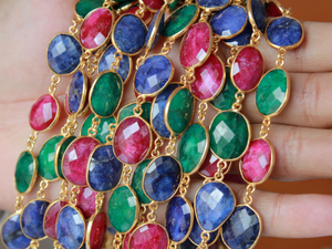 Ruby-Emerald-Sapphire Faceted Oval Chain,(GMC-MX-17x14) - Beadspoint