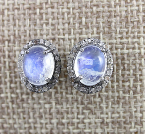 Pave Diamond & Rainbow Moonstone Stud Earrings, (Earr-085) - Beadspoint