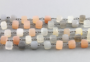 Moonstone (Peach, Grey, Rainbow) Faceted Cube Rosary, (RS-MNS-156) - Beadspoint