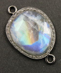 Pave Daimond Rainbow Moonstone Faceted Bezel Connector, (RNB/1003) - Beadspoint