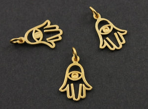 24K Gold Vermeil Over Sterling Silver Hamsa with Evil Eye Charm -- VM/CH2/CR48 - Beadspoint