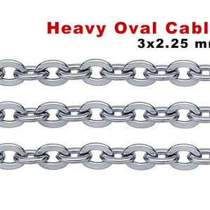 Sterling Silver Heavy Flat Oval Cable Chain, 3x2.25 mm, (SS-091)