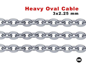 Sterling Silver Heavy Flat Oval Cable Chain, 3x2.25 mm, (SS-091)