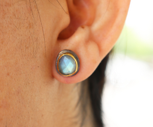 Sterling Silver w/ Labradorite Cabochons Stud Earrings, (ST/LAB/01) - Beadspoint