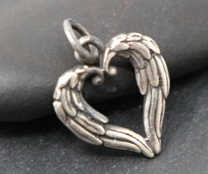 Sterling Silver Artisan Angel Wing Heart Charm -- (AF-945) - Beadspoint