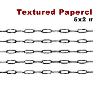 Sterling Silver Oxidized Textured Pattern Paperclip Chain, 5x2 mm, (SS-130)