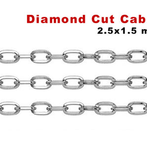 Sterling Silver sturdy weight diamond cut cable chain, 2.5x1.5 mm, (SS-134)